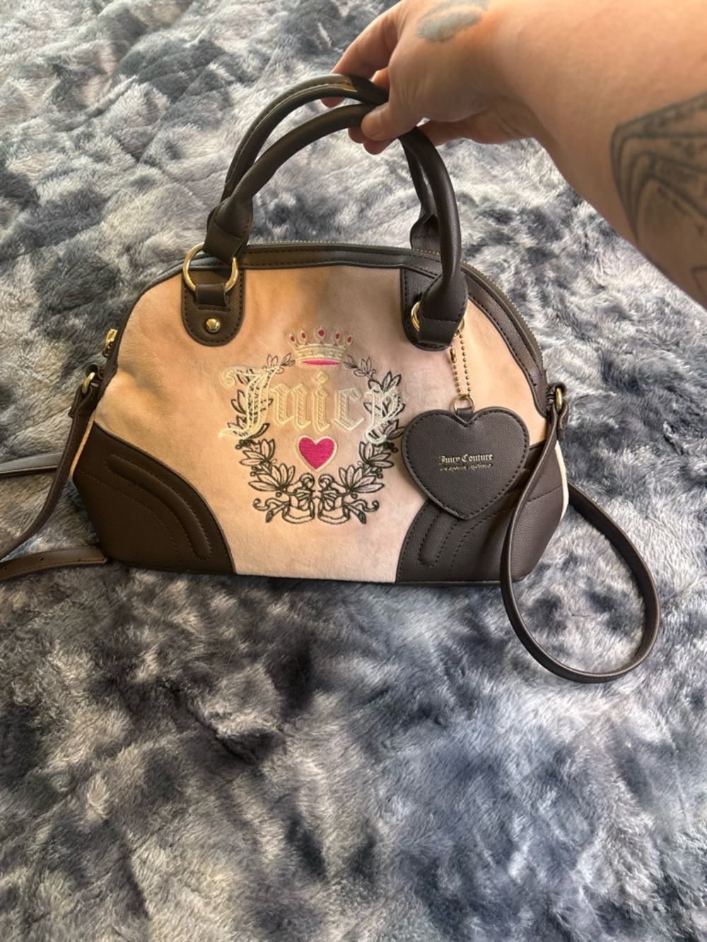 Juicy Couture Pink and Brown Satchel with Heart Charm and Embroidered Logo